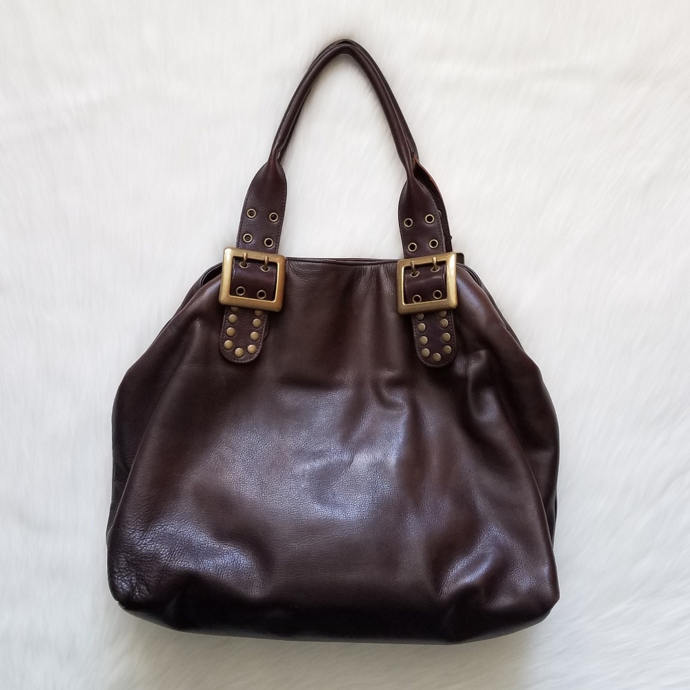 Be & D Brown Leather Studded Handle Bag